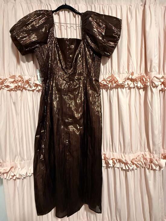 Hyacinth House Dresses & Skirts - Hyacinth House Brown Shimmer Metallic Puff Sleeve Midi Dress XL